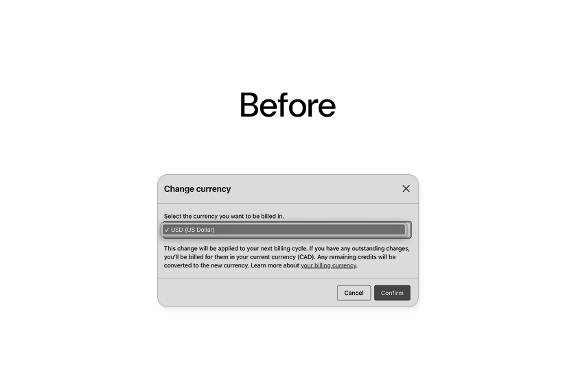 Before: Change currency modal